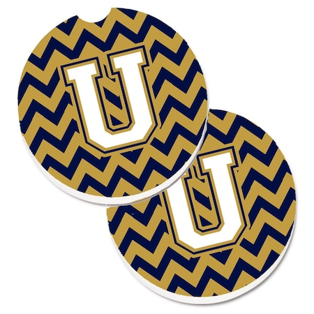 Carolines Treasures Letter U Chevron Navy Blue and Gold Set of 2 Cup Holder Car Coaster CJ1057-UCARC